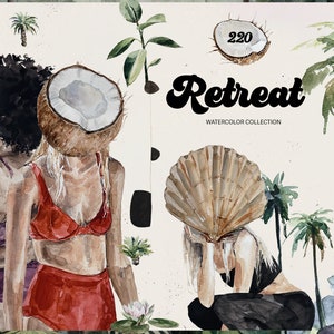 Handgeschilderde tropische ontsnapping-clipart - aquarel mixed mediakunst met retraite-thema