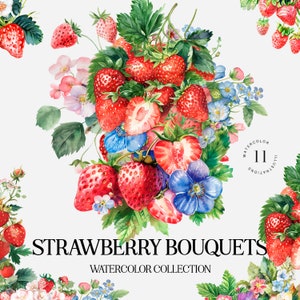 Bouquets de fraises. Aquarelle rose rouge vert clipart png. Clipart fleurs de fraises. Clipart floral de mariage romantique pour carte d'invitation DIY