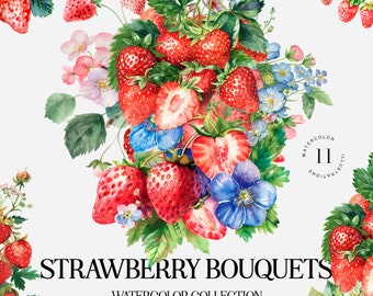 Clipart de buquê de morango em aquarela: Floral rosa PNG (download digital)
