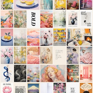 May include: A collage of 49 colourful images, including paintings, illustrations, and photographs. The images feature a variety of subjects, including flowers, landscapes, people, and abstract designs. The collage is arranged in a grid pattern and has a vintage aesthetic.