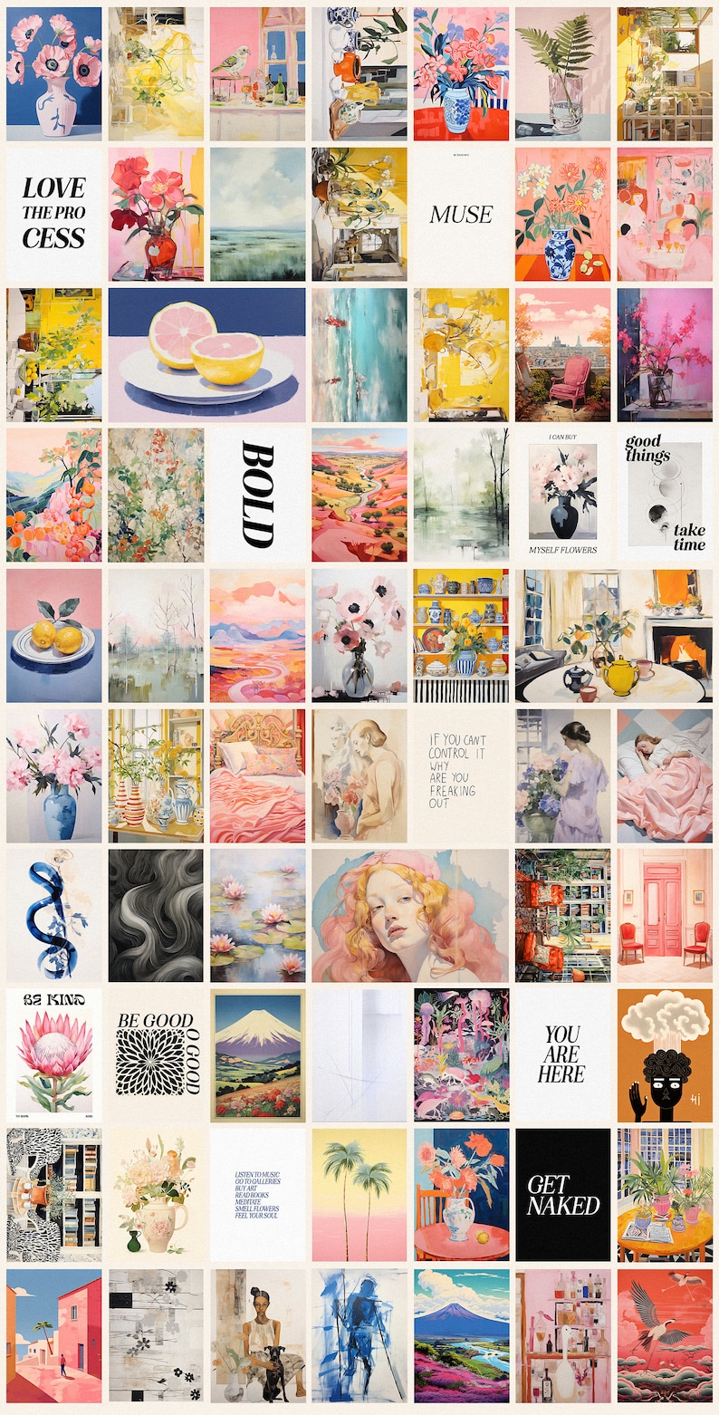 May include: A collage of 49 colourful images, including paintings, illustrations, and photographs. The images feature a variety of subjects, including flowers, landscapes, people, and abstract designs. The collage is arranged in a grid pattern and has a vintage aesthetic.