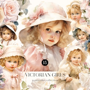 Aquarelle de filles victoriennes PNG. Beaux graphiques floraux, utilisation commerciale de téléchargement numérique instantané de rose. Journal indésirable pour la fabrication de cartes de scrapbooking