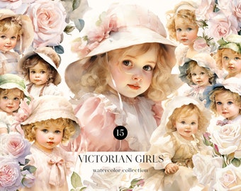 Watercolor Victorian Girls PNG: Floral Graphics (Digital Download)