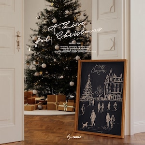 May include: A framed chalkboard with a hand-drawn Christmas scene, including a tree and people, stands near a decorated Christmas tree. The chalkboard reads "Merry Christmas." The scene is set in a room with a wooden floor and gifts.