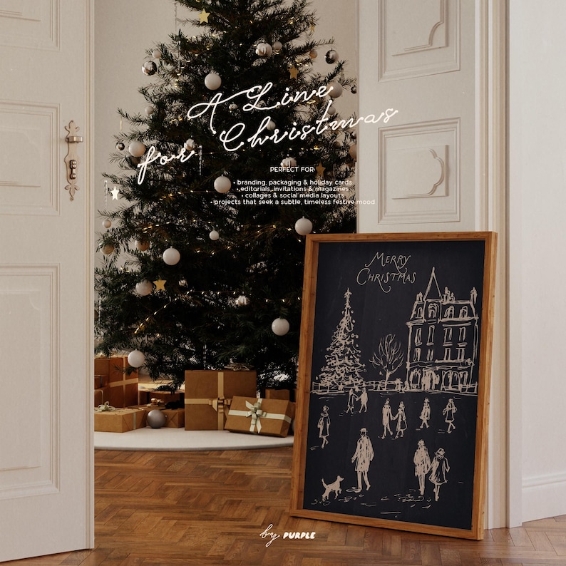 May include: A framed chalkboard with a hand-drawn Christmas scene, including a tree and people, stands near a decorated Christmas tree. The chalkboard reads "Merry Christmas." The scene is set in a room with a wooden floor and gifts.