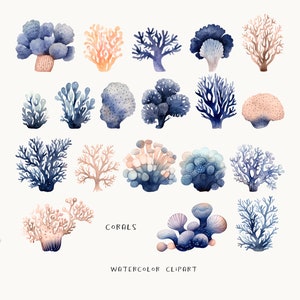 Puede incluir: Clipart de acuarela de varios dise&ntilde;os de arrecifes de coral en tonos azules y rosas. El texto "CORALS" y "WATERCOLOR CLIPART" est&aacute; incluido en la imagen.