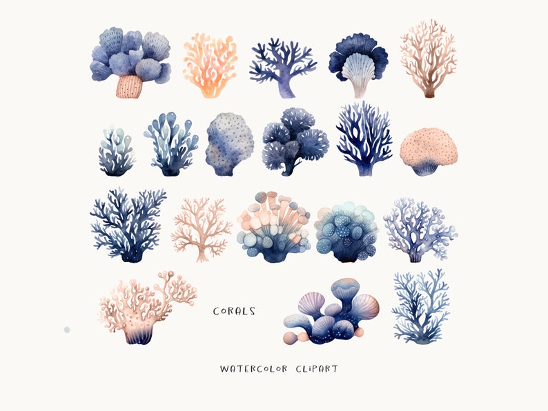 Puede incluir: Clipart de acuarela de varios dise&ntilde;os de arrecifes de coral en tonos azules y rosas. El texto "CORALS" y "WATERCOLOR CLIPART" est&aacute; incluido en la imagen.