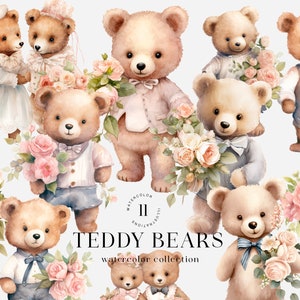Bloemen mannelijke teddyberen aquarel clipart. Vintage babyshower voor een jongen, clipart voor commercieel gebruik, transparante png, bloemen png