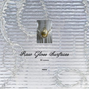 May include: A digitally created image with a textured, silver-white background. A small inset shows a person holding a gold pear. The text "Raw Gloss Surfaces" and "22 textures" are displayed in the image.