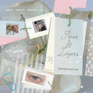 May include: A mixed media asset pack titled Paper & Layers featuring various paper cards, tags, and envelopes. The collection includes small rectangular cards with photographic prints of a person wearing a headscarf and an eye, alongside colourful ball chains.
