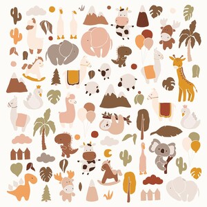 Peut inclure: Un ensemble de 83 illustrations colorées représentant des animaux, des plantes et d'autres éléments d'inspiration naturelle. Les illustrations sont de style fantaisiste et présentent une variété de couleurs, telles que le rose, le brun, le vert et le jaune. Les illustrations sont parfaites pour créer des designs numériques ou imprimés, tels que des cartes de vœux, des invitations et des motifs.
