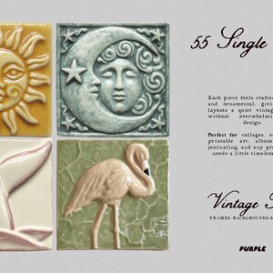 May include: Four square vintage tiles with embossed designs: a sun, a crescent moon with a face, a whale tail, and a flamingo. The text "55 Single Tiles" and "Vintage Tiles" are also present. The color palette includes yellow, blue-green, white, and pink.