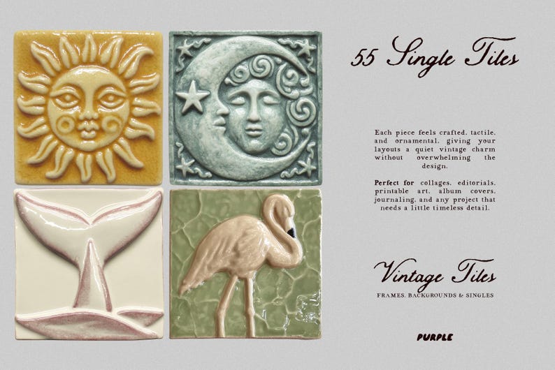 May include: Four square vintage tiles with embossed designs: a sun, a crescent moon with a face, a whale tail, and a flamingo. The text "55 Single Tiles" and "Vintage Tiles" are also present. The color palette includes yellow, blue-green, white, and pink.