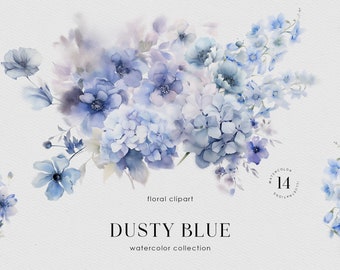 Dusty Blue Floral Clipart. Watercolor Bohemian Blue Flowers. Hydrangea Premade Clipart. Wedding Clipart. Spring Clipart. Wild Flowers PNG