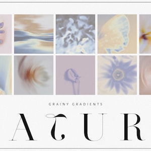 May include: A digital art print with a collage of nine abstract images in shades of blue, pink, and yellow. The images are arranged in a grid and have a grainy, textured effect. The text "GRAINY GRADIENTS" appears above the images, and the text "NATURE" appears below the images.