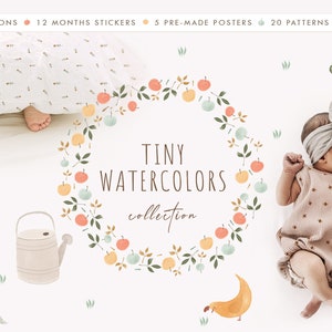 Aquarel baby clipart, voor jongen en meisje, tuin, aquarelpatronen, illustraties. Babyshower, kinderkamer clipart. Kinderclipart. Afdrukken
