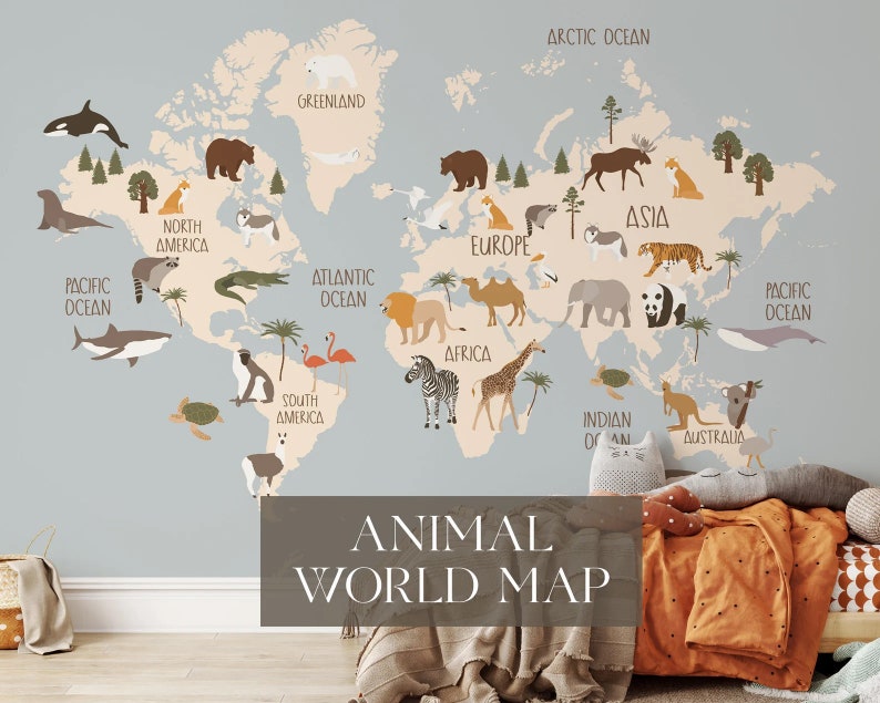 Kids World Map Digital Nursery Art Map of the World Animals Etsy