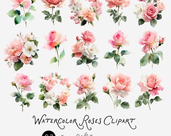 Clipart de rosas en acuarela: Ilustraciones florales PNG para invitaciones de boda (Descarga digital)