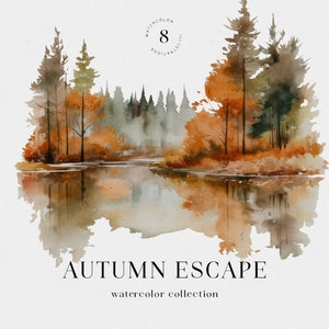 Entkommen. Aquarell Herbst Natur Clipart. Berge Clipart. Aquarell Wald Clipart. Gebirgslandschaften. Aquarell Nebliger Wald