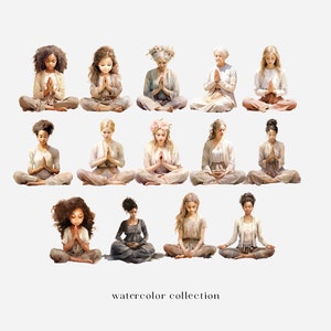 May include: A watercolor illustration collection of 12 women of different ages and ethnicities meditating in a seated position with their hands clasped in prayer. The women are wearing simple, flowing clothing in shades of beige, brown, and white. The background is a light gray.