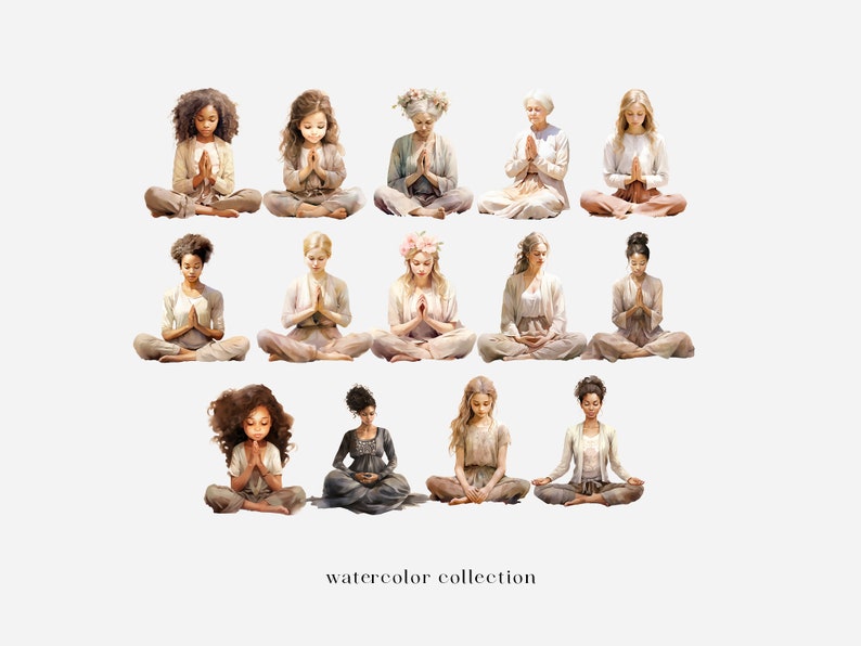 May include: A watercolor illustration collection of 12 women of different ages and ethnicities meditating in a seated position with their hands clasped in prayer. The women are wearing simple, flowing clothing in shades of beige, brown, and white. The background is a light gray.