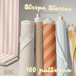 Op de afbeelding: Afbeelding van verschillende rollen stof met streepjespatronen in verschillende kleuren, waaronder paars, bruin, oranje en blauw. De tekst "Stripe Stories" en "100 patterns" is zichtbaar. De stof is geschikt voor textieldruk, cadeauverpakkingen en briefpapier.