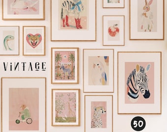 50 Vintage Poster fürs Kinderzimmer. Buntes Kinderzimmer Wall Art Set. Kinder Mädchen Jungen Galerie, digitale druckbare Kunst. Eklektische Maximalist Raum Dekoration