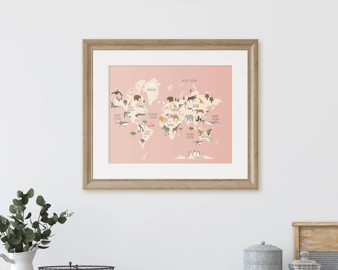 Kids World Map Digital Nursery Art Map of the World Animals Etsy