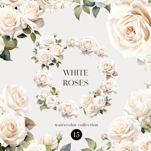 Watercolor White Roses Clipart, White Roses PNG Commercial Use Instant Download, Wedding Invitation, White Rose flowers bouquets clipart.