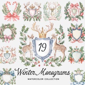 Monogramma invernale ad acquerello, stemma nuziale, cancelleria per eventi, stemma per invito di nozze, clipart di decorazioni natalizie per uso commerciale in formato PNG