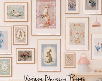 Vintage Nursery Digital Print. Vintage Painting, Cottagecore Decor, Printable Wall Art, Vintage Girls Boys Gallery wall, Bows, Baby animals.