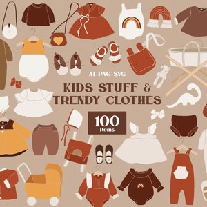 Op de afbeelding: Een set van 100 digitale illustraties van kinderkleding en accessoires. De illustraties zijn in een trendy, minimalistische stijl met een kleurenpalet van bruin, oranje, geel en wit. De illustraties omvatten items zoals overalls, jurken, shirts, broeken, hoeden, schoenen en tassen.
