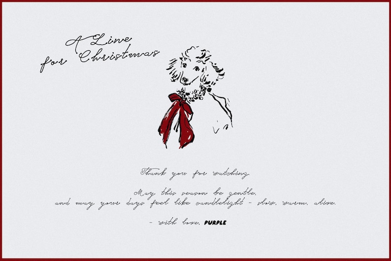 May include: A white card with a red border features a sketch of a poodle wearing a red bow and a floral collar. The text reads "A Line for Christmas" and a message of seasonal wishes.