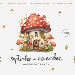 Septiembre-noviembre. Clipart de otoño en acuarela. Paquete digital de papel otoñal. Acogedora casa de hadas en el bosque, árboles, corona, pegatinas mensuales para bebés PNG.