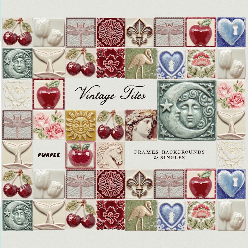 May include: A collection of vintage tiles in various designs, including cherries, flowers, and a crescent moon. The tiles are in shades of red, white, and blue, with the text "Vintage Tiles" and "Purple" visible.