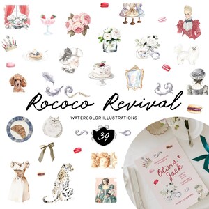 Puede incluir: Ilustraciones de acuarela en estilo Rococó Revival. Las ilustraciones incluyen una variedad de temas, como flores, animales y personas. Las ilustraciones están en una paleta de colores suaves y pastel. El texto "Rococo Revival Watercolor Illustrations" está escrito en una fuente decorativa. El número 39 está escrito en un círculo.