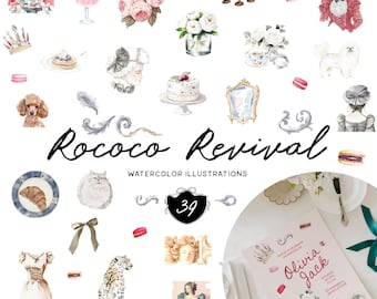 Rococo Revival Watercolor Clipart – Elegant Digital Graphics for Wedding Invitations, Branding, Packaging, DIY