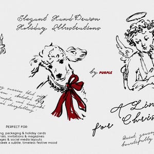 May include: Elegant hand-drawn holiday illustrations in black ink on a white background. The image includes a chandelier, a lamb with a red bow, and an angel. Text includes "A Line Christmas for" and "by PURPLE".