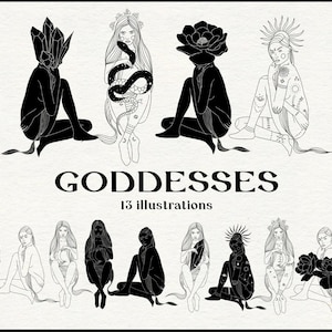 May include: A set of 13 black and white illustrations of goddesses with various symbolic elements, including crystals, flowers, snakes, and celestial bodies. The illustrations are in a line, with the word "GODDESSES" and "13 illustrations" below them.