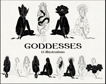 Göttin Line Art Clipart: Magisches Esoterik Set (SVG, PNG, AI)