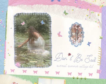 Kit per collage surreale "Don't Be Sad" con carta feltro e cornici cucite.