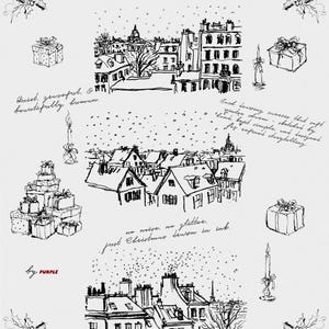 May include: An elegant holiday illustration in black ink. The image features sketches of cityscapes, gift boxes, candles, and holly sprigs. Text includes "Elegant Holiday Illustrations" and other handwritten phrases.