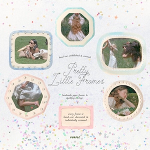 Könnte beinhalten: Eine digitale Collage mit fünf verschiedenen handgeschnittenen Papierrahmen in unterschiedlichen Formen, die jeweils ein Foto einer Person auf einem Feld enthalten. Der Text lautet Pretty Little Frames, hand-cut, embellished & scanned, handmade paper frames & sparkling overlays, every frame is hand-cut, decorated & individually scanned und PURPLE. Der Hintergrund ist weiß mit verstreuten bunten sternförmigen Konfetti.