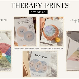 Bundel geestelijke gezondheidstherapie: 20 inspirerende prints | Emotiewiel- en CGT-posters | Counseling muurkunst clipartset