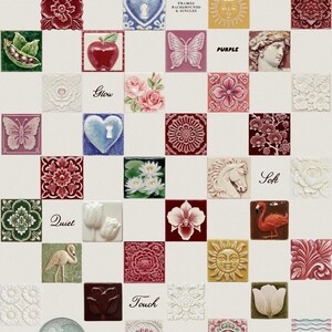 May include: A collection of vintage tiles with various designs, including flowers, butterflies, and geometric patterns. The tiles are in shades of red, pink, green, and blue. Some tiles have the words "Glow", "Quiet", "Soft", "Touch", "Detail", "Form", and "Purple".