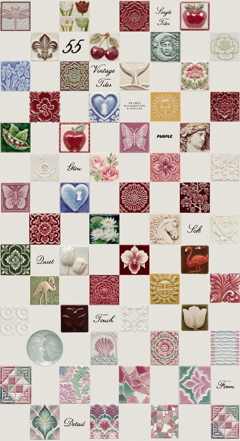 May include: A collection of vintage tiles with various designs, including flowers, butterflies, and geometric patterns. The tiles are in shades of red, pink, green, and blue. Some tiles have the words "Glow", "Quiet", "Soft", "Touch", "Detail", "Form", and "Purple".