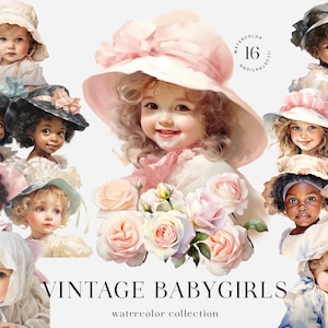 viktorianischen Vintage Baby Mädchen Clipart. Blumen Pastell Aquarell Bündel. Sammelalbum Junk Journal. Digitaler Download zur kommerziellen Nutzung