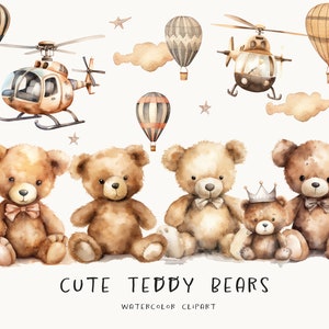 Clipart aquarelle chaud ours en peluche. Ensemble écologique, baby shower pour un garçon, cliparts à usage commercial, PNG transparents, ballons avion marron