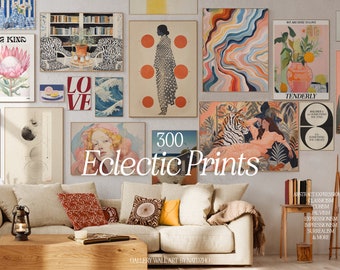 300 tirages éclectiques. Ensemble mural de galerie maximaliste, décoration rose bleu rouge jaune, art coloré, Matisse, Frida, Picasso, TÉLÉCHARGEMENT NUMÉRIQUE