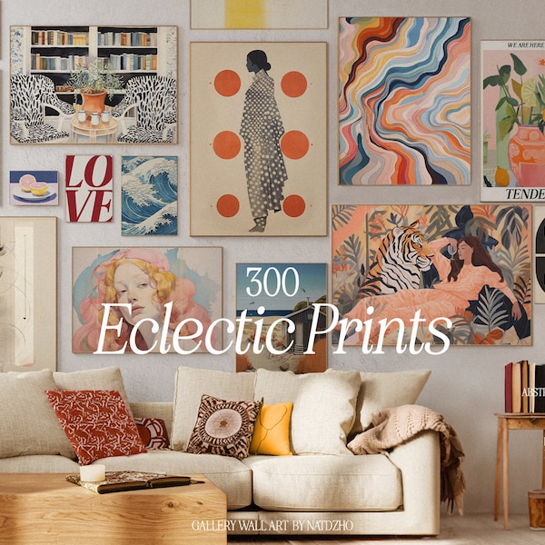 300 impresiones eclécticas. Conjunto de pared de la galería maximalista, decoración rosa azul rojo amarillo, arte colorido, Matisse, Frida, Picasso, DESCARGA DIGITAL